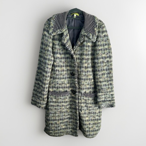 Sigrid Olsen Wool Blend Green Gray Plaid Knit Pea Coat L‎ Lined Phoebe Buffay - Picture 1 of 10